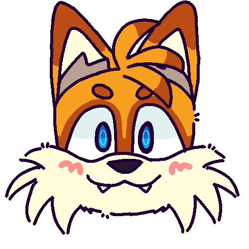  A drawing of Tails the fox from the Sonic the Hedgehog franchise’s head. His appearance differs slightly from that of canon. Tails is an anthropomorphic orange fox with a fluffy white muzzle and big blue eyes. Here, he is drawn with brown rings around his eyes, brown eyebrows, and brown ear tips. He also has little fangs or canines poking out of his closed mouth.